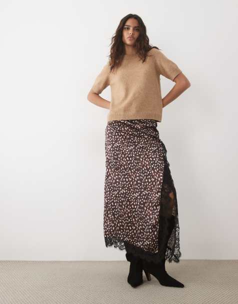 ASOS DESIGN lace insert high split satin midi skirt in fawn print - view 1