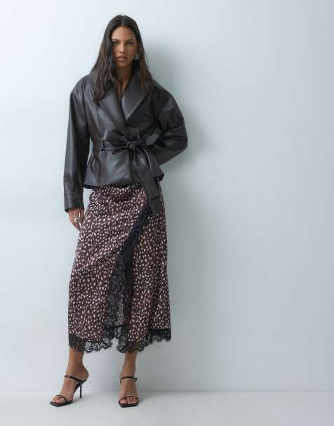 ASOS DESIGN lace insert high split satin midi skirt in fawn print