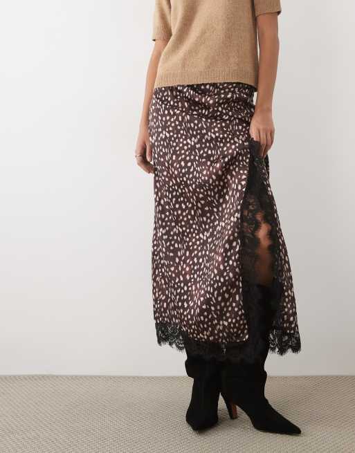 ASOS DESIGN lace insert high split satin midi skirt in fawn print, 2 of 5