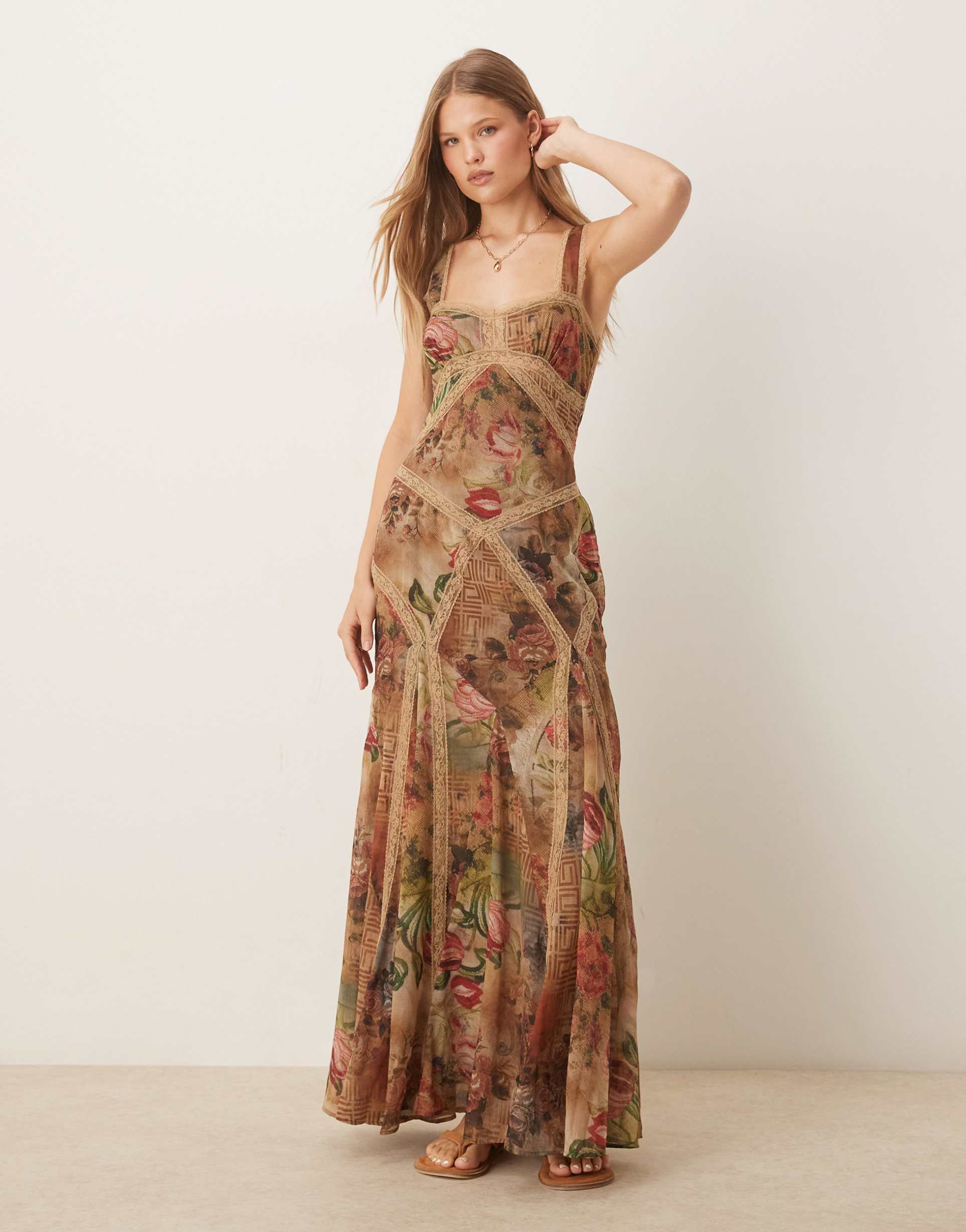 asos design lace insert maxi dress in vintage floral