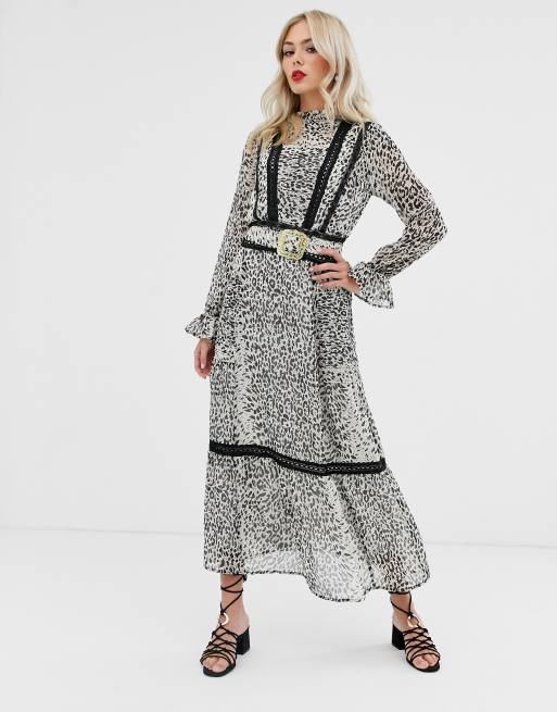 ASOS DESIGN lace insert maxi dress with buckle belt in leopard print