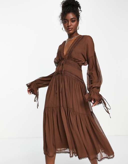 ASOS DESIGN satin tie front blouse with lace insert in chocolate