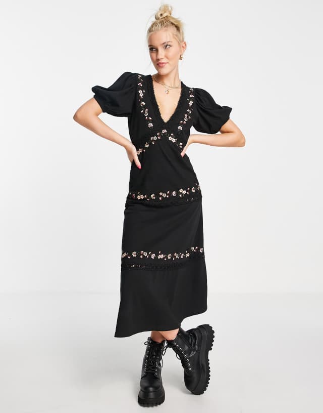 ASOS DESIGN Lace insert midi dress with flower embroidery in black