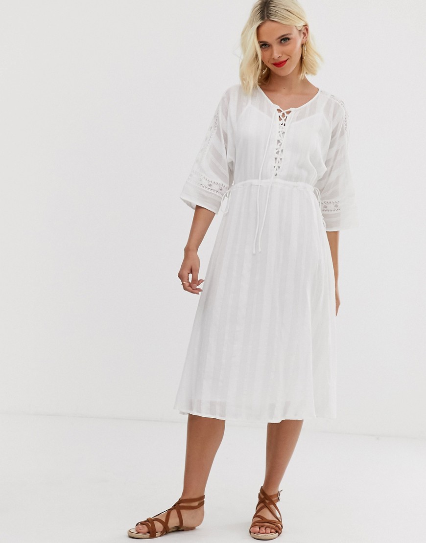 ASOS DESIGN lace insert midi dress with lace up front-White