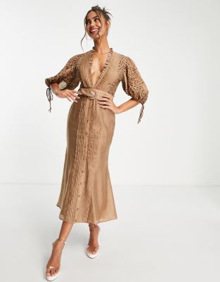 Asos Design Lace Insert Midi Dress With Puff Sleeves And Belt Detail-brown In Brown