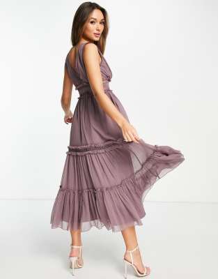 ASOS DESIGN lace insert midi dress with ruffle detail in mauve - ASOS Price Checker