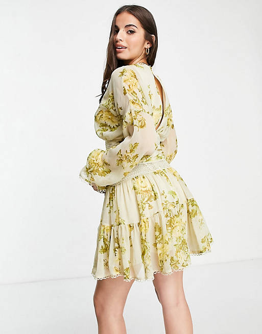  lace insert mini dress with blouson sleeve and tie detail in print 
