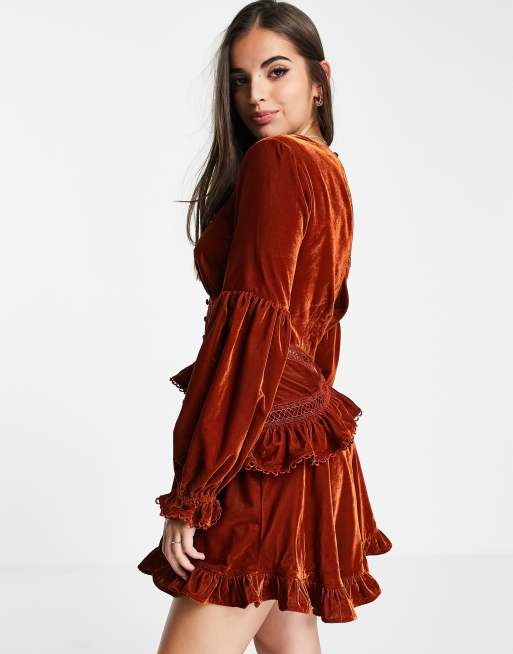 ASOS DESIGN lace insert mini dress with button detail in velvet | ASOS