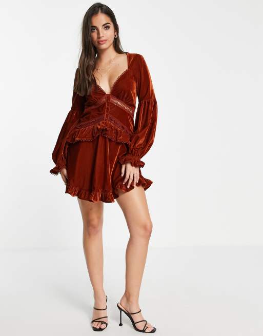 ASOS DESIGN lace insert mini dress with button detail in velvet | ASOS
