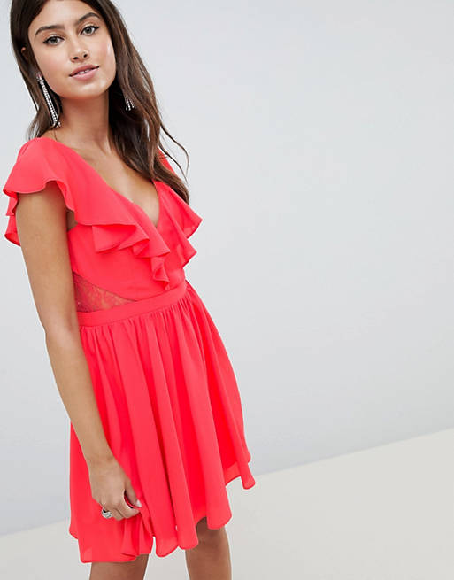 ASOS DESIGN Lace Insert Mini Dress With Ruffle Bodice | ASOS