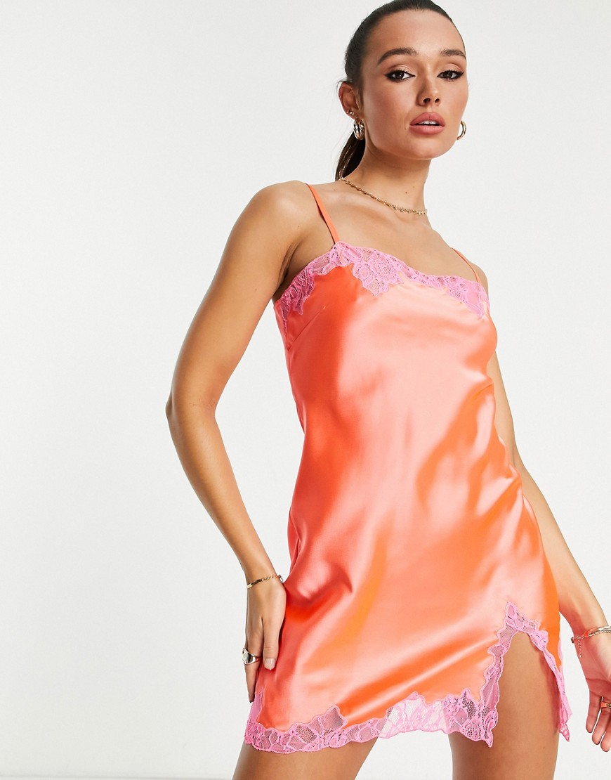 ASOS DESIGN lace insert mini satin slip dress in orange