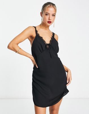Asos Design Lace Insert Mini Slip Dress In Black