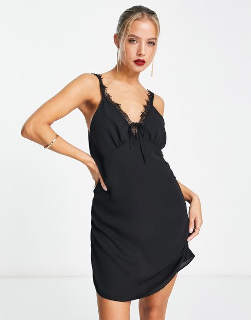 Black V Neck Slip Dress With Lace Detail