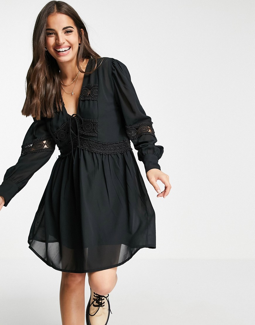 Asos Design Lace Insert Mini Smock Dress In Black