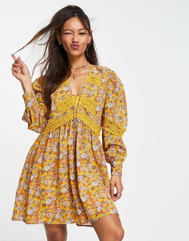 ASOS DESIGN lace insert mini smock dress in floral print