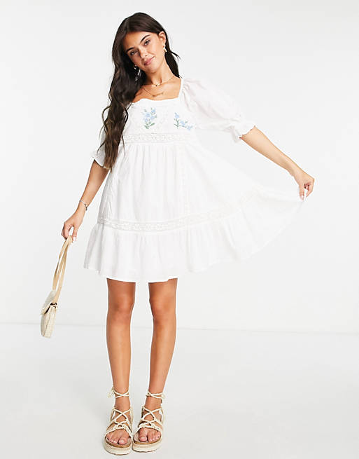 Women lace insert mini smock dress with floral embroidery in white 