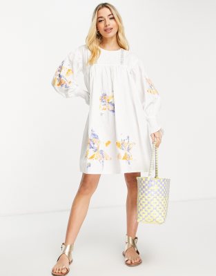 Asos Design Lace Insert Mini Smock Dress With Patchwork Embroidery In White 