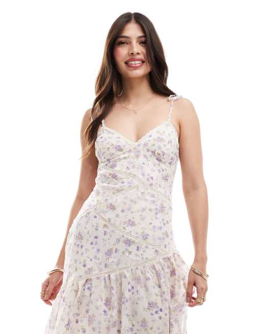 ASOS DESIGN lace insert paneled midi dress in lilac ditsy floral print