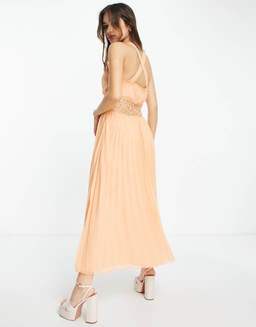 ASOS DESIGN cami pleated maxi dress with lace inserts in cream