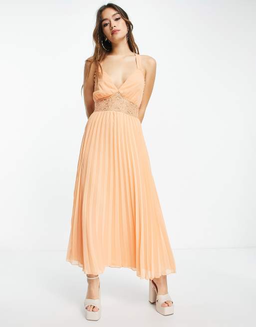 Asos design pleated midi 2024 dress with lace inserts