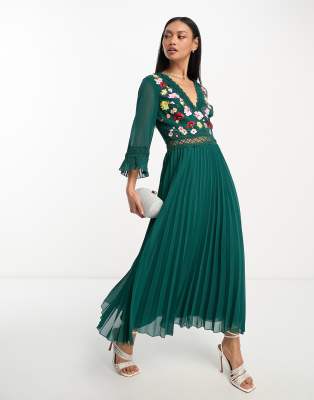 Asos design embroidered pleated midi dress with fluted sleeve best sale