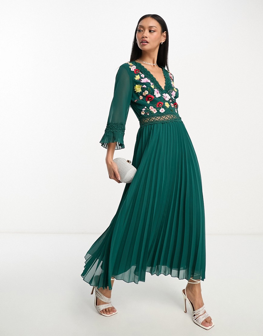 ASOS DESIGN lace insert pleated midi dress with embroidery in forest green