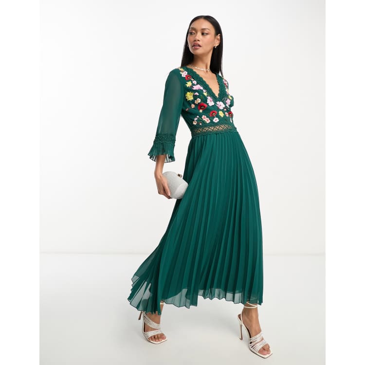 ASOS DESIGN lace insert pleated midi dress with embroidery in forest green ASOS