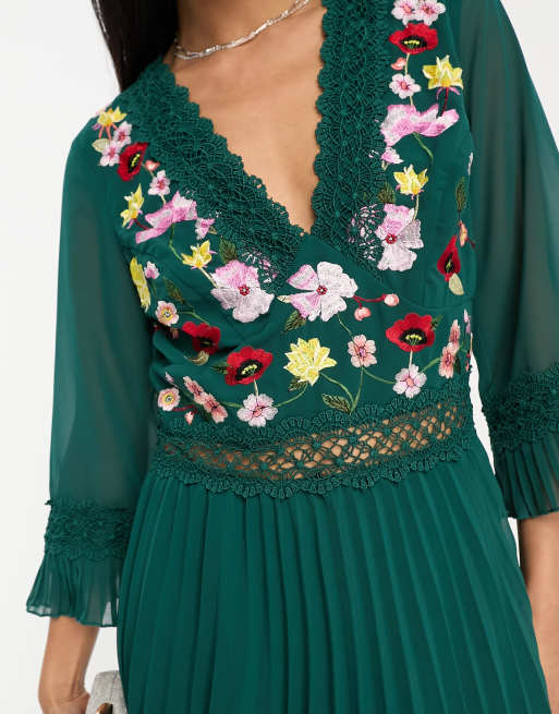 ASOS DESIGN lace insert pleated midi dress with embroidery in forest green