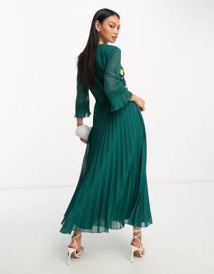 ASOS DESIGN lace insert pleated midi dress with embroidery in forest green ASOS