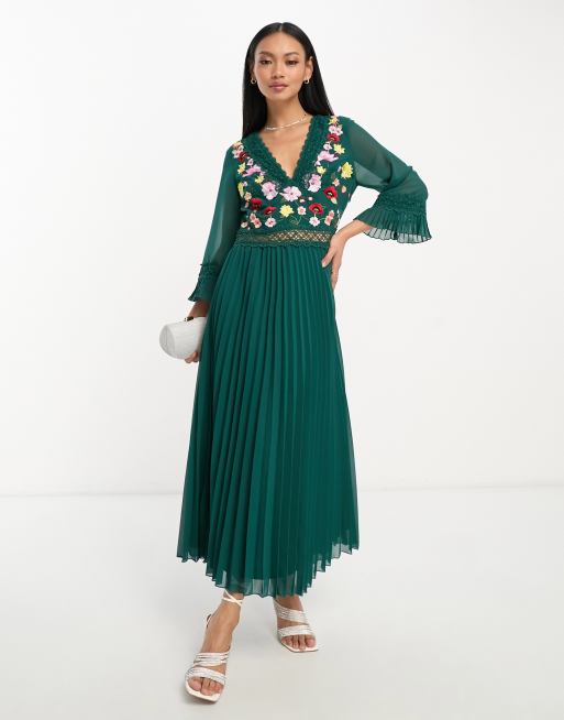 ASOS DESIGN lace insert pleated midi dress with embroidery in forest green ASOS