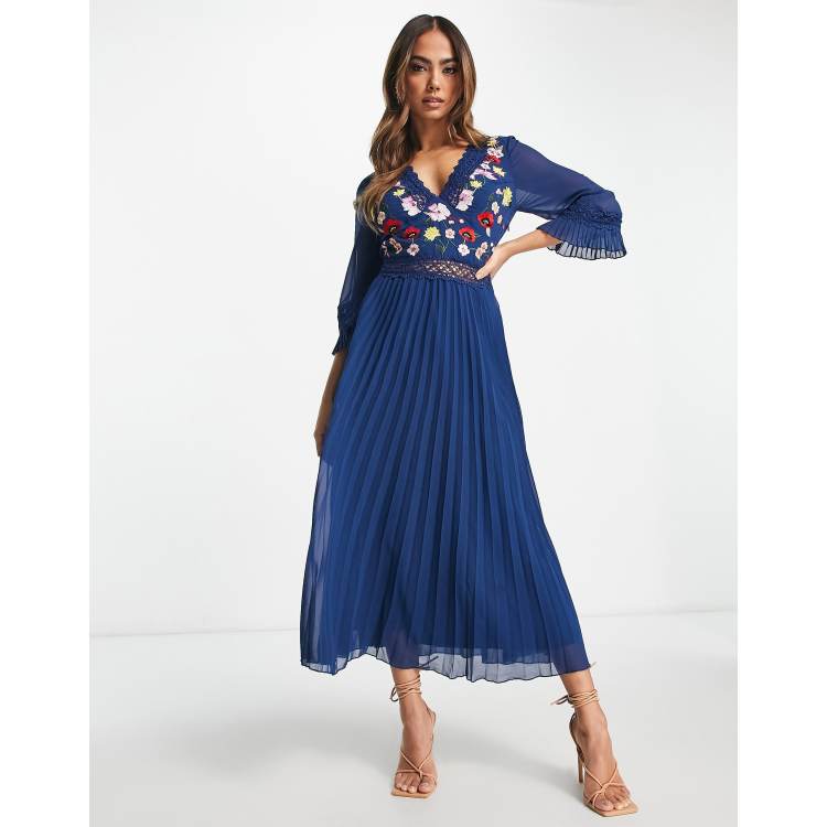 Pleated embroidered sales midi dress