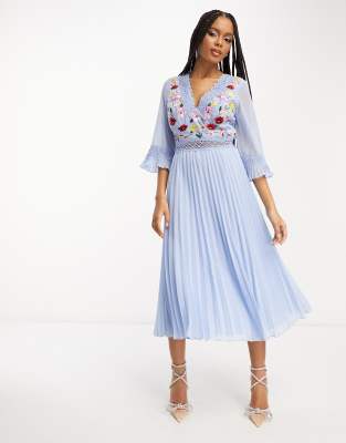 Asos Design Lace Insert Pleated Midi Dress With Embroidery In Pale Blue