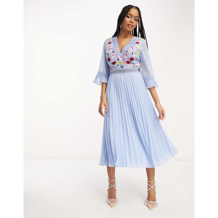 ASOS DESIGN lace insert pleated midi dress with embroidery in pale blue