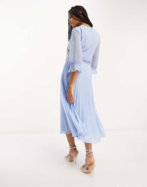 ASOS DESIGN Maternity embroidered satin midi dress with frill waist in pale  blue