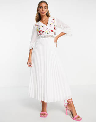 Asos Design Lace Insert Pleated Midi Dress With Embroidery In White