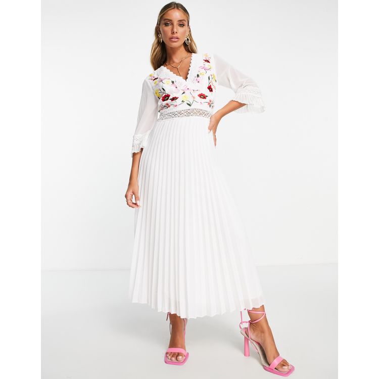 ASOS DESIGN lace insert pleated midi dress with embroidery in white