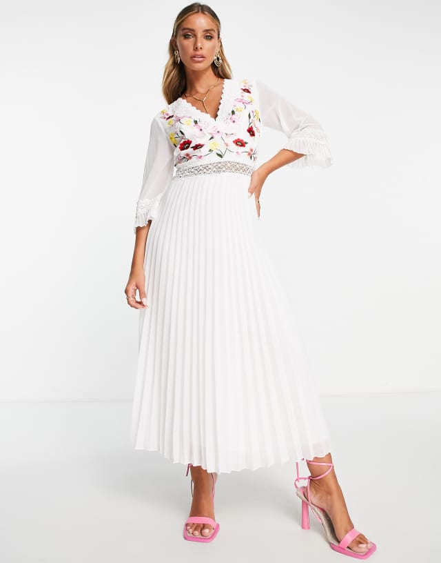 ASOS DESIGN lace insert pleated midi dress with embroidery in white