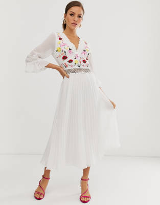 asos design lace and pleat midi dress