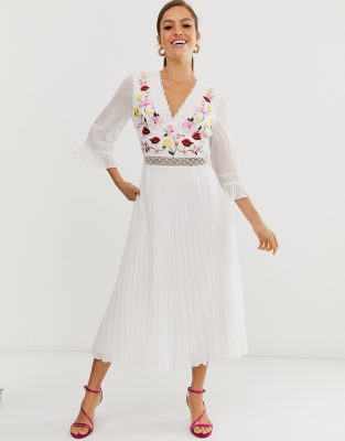 asos design pleated high neck midi dress with embroidery