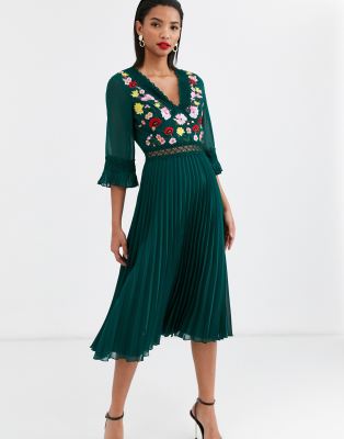 asos green embroidered dress