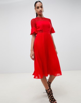 asos design lace and pleat midi dress