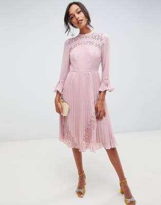 asos design lace and pleat midi dress