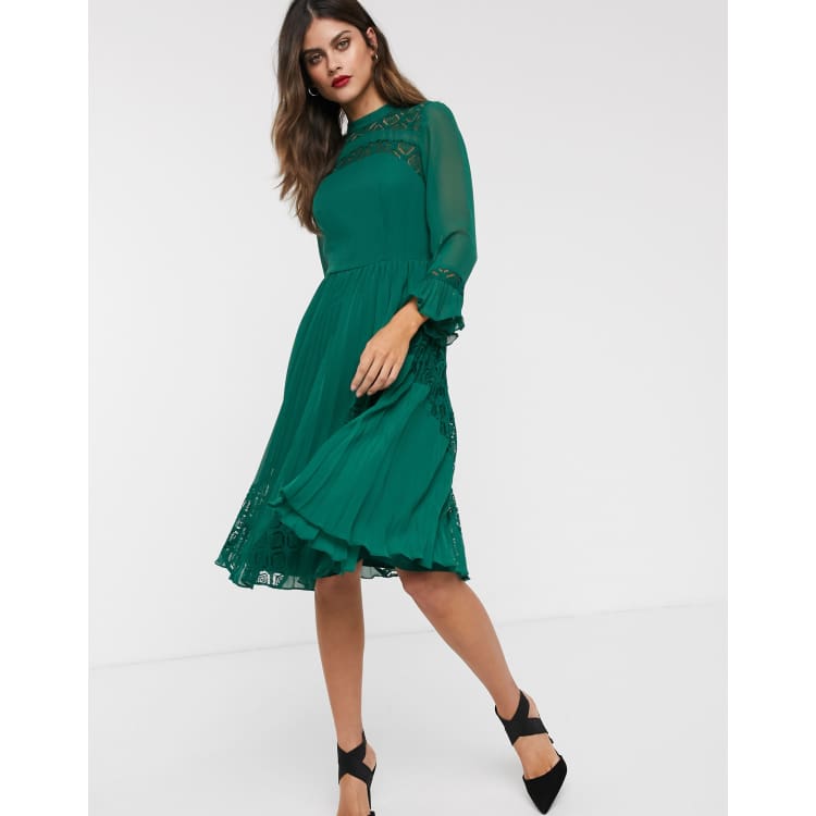 ASOS DESIGN lace insert pleated midi skater dress with long sleeves | ASOS