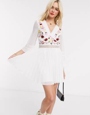 Asos Design Lace Insert Pleated Mini Dress With Embroidery In White ModeSens