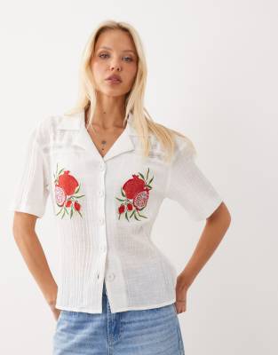 Asos Design Lace Insert Pomegranate Embroidered Shirt In Multi