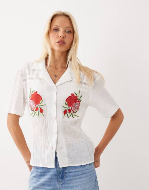 ASOS DESIGN lace insert pomegranate embroidered shirt in white - view 1