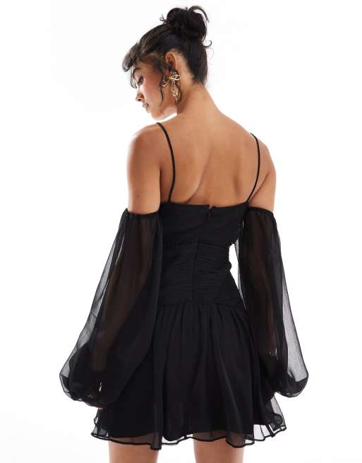 ASOS DESIGN lace insert ruched mini dress with cut outs in black