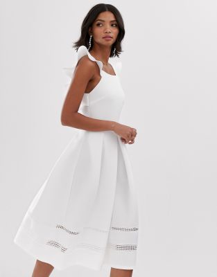 asos design lace insert ruffle back midi prom dress