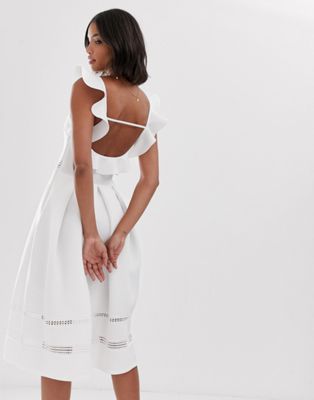 asos design lace insert ruffle back midi prom dress