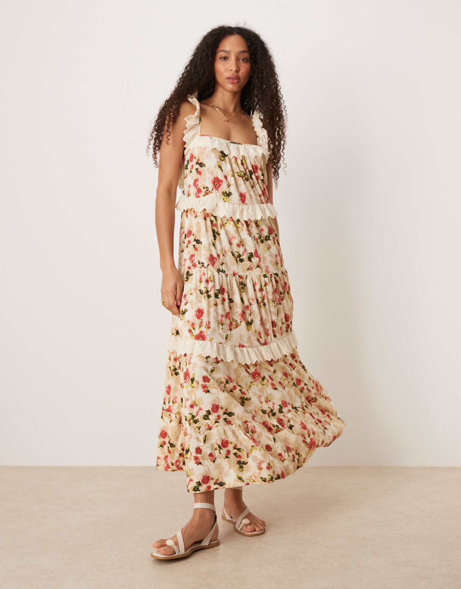 asos design lace insert ruffle tiered maxi swing dress in vintage floral print